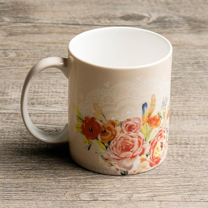 Maison d' Hermine Coffee Mug with Handles Fine Bone China Mugs Pack of One Tea Cups for Hot Beverages Cappuccino Latte Home Restaurant Office Perfect for Gift (Ibiza - Beige - Feather, 15 Ounce)