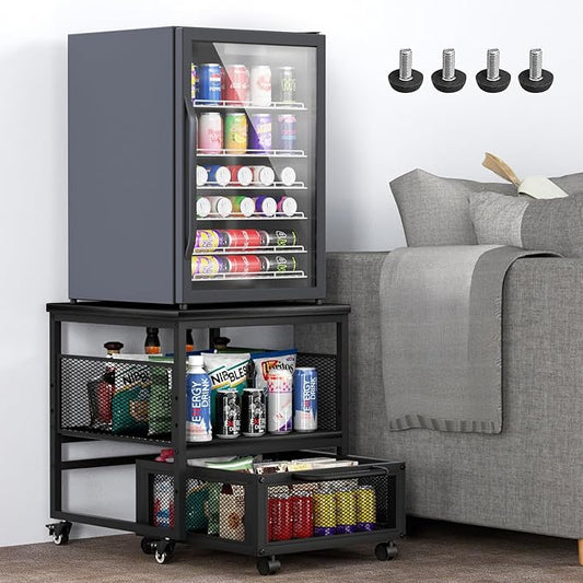 21x21in Mini Fridge Stand with Storage, Heavy Duty Mini Fridge Table with 4 Lockable Wheels for Coffee Bar 220LBS Compact Beverage Refrigerator Stand Cabinet Dorm Fridge Cart for Office Home (Black)