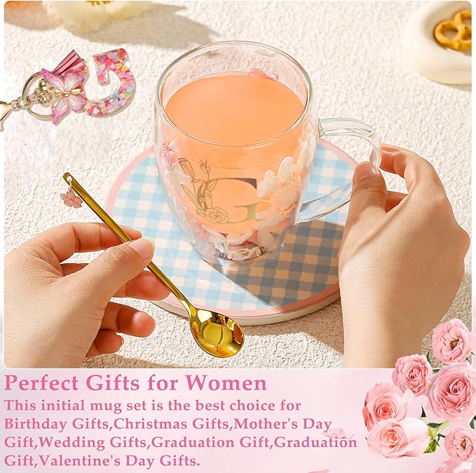Personalized Gift for Women Flower Glass Coffee Mug Initial Tea cup Monogrammed Customized Bridesmaid Bride Wedding Gifts Graduation Gifts Valentine Mother's Day Birthday Christmas Gift (G)