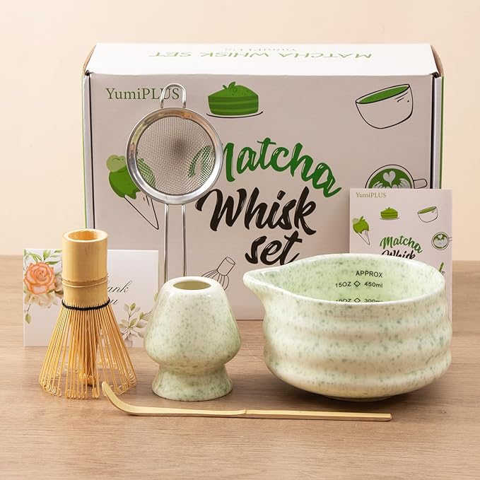 5pcs Premium Matcha Set,Ceramic Bowl with Spout and Bamboo Whisk set, Ceremonical Matcha Kit for breakfast/latte,Tea Starter Making Kit,Unique Matcha Gift set (green)