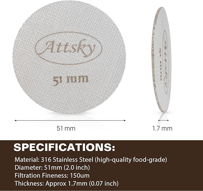 Attsky 51mm Espresso Puck Screen, Espresso Filter for 51mm Portafilter Filter Basket, Reusable Espresso Screen with 1.7mm Thickness 150μm 316 Stainless Steel