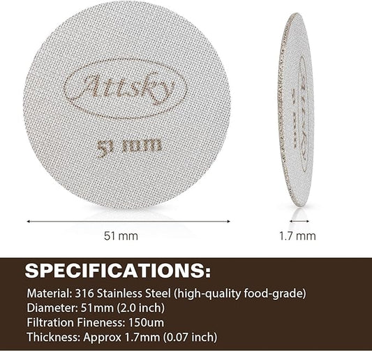 Attsky 51mm Espresso Puck Screen, Espresso Filter for 51mm Portafilter Filter Basket, Reusable Espresso Screen with 1.7mm Thickness 150μm 316 Stainless Steel