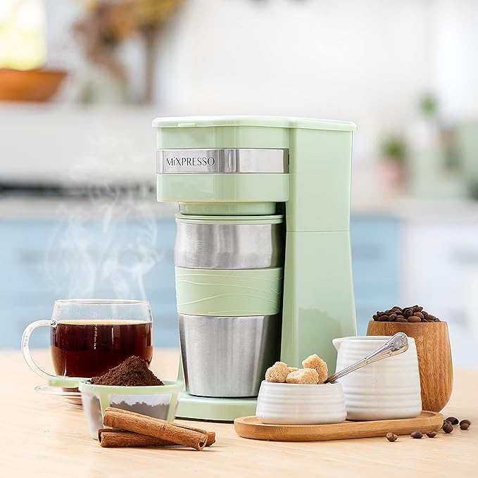 Mixpresso Single Cup Coffee Maker & 14oz Travel Mug, Lightweight Personal Drip Coffee Brewer & Tumbler, Compatible with Coffee Grounds Bubdle With 3 Piece Set Of Airtight Coffee And Sugar Plastic Cani