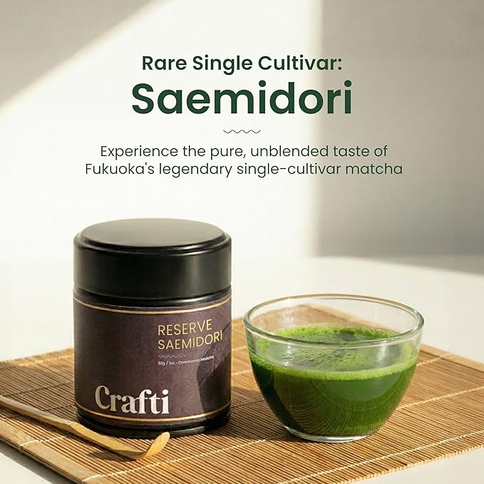 Crafti Ceremonial Grade Matcha Powder | 100% First Harvest | Single Cultivar | Saemidori | Unsweetened Authentic Japanese Matcha Green Tea Powder from Yame, Fukuoka (30g / 1.06oz)