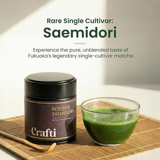 Crafti Ceremonial Grade Matcha Powder | 100% First Harvest | Single Cultivar | Saemidori | Unsweetened Authentic Japanese Matcha Green Tea Powder from Yame, Fukuoka (30g / 1.06oz)