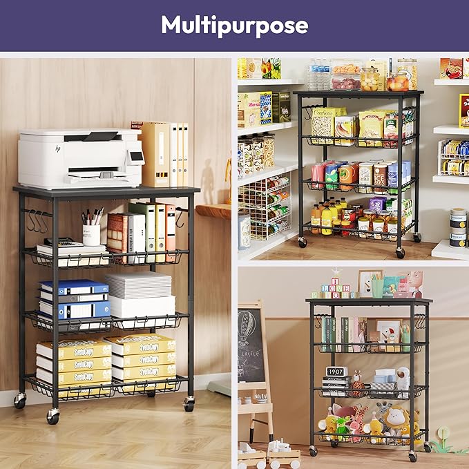 SWTYMIKI Rolling Kitchen Storage Cart - 4 Tier Microwave Table Stand with 6 Storage Baskets, Coffee Bar with Wheels, Kitchen Utility Cart Shelf Rack Organizer for Fruit, Vegetables, Potato (Black)