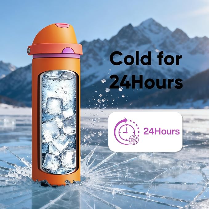 Insulated Water Bottle with Straw - Encool Stainless Steel Water Bottle with Push Button Lid, Leak-Proof & BPA-Free, Keeps Cold for 24 Hours for Sports, Travel, Gym (24 oz, Tiger Eye)