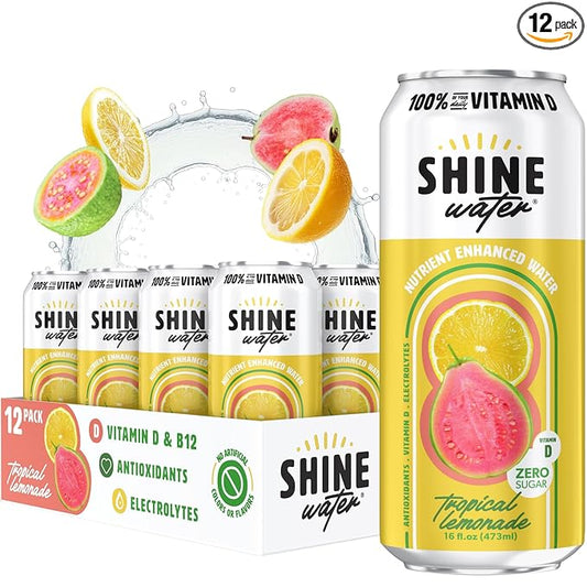 Shine Water Tropical Lemonade Vitamin D Electrolyte Drinks 12-Pack, Sugar Free Flavored Water with Magnesium, Zinc & Antioxidants, Low Calorie Hydration Beverage, Plant-Based Vitamin Water Zero Sugar