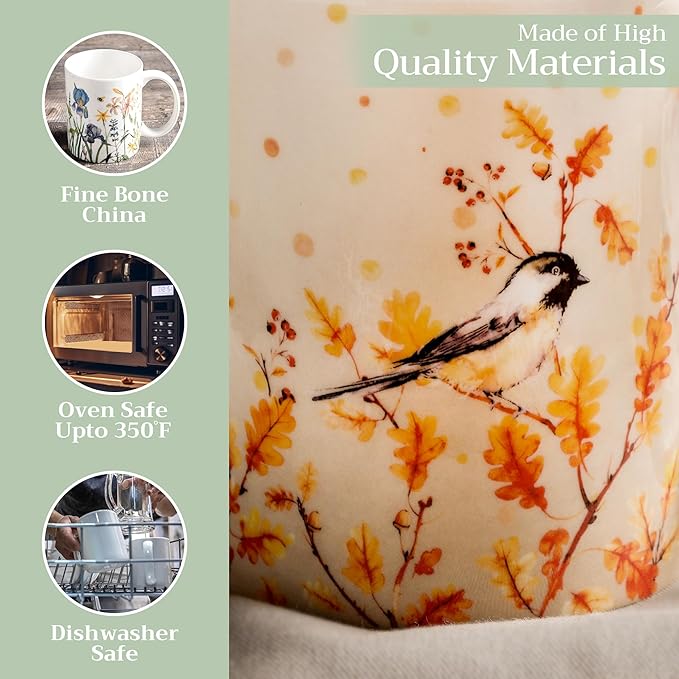 Maison d' Hermine Coffee Mug with Handles Fine Bone China Mugs Pack of One Tea Cups for Hot Beverages Cappuccino Latte Home Restaurant Office Perfect for Gift (Oak Leaves - Jaya & Friends, 12 Ounce)