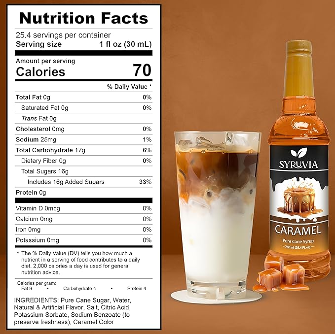 Syruvia Caramel Coffee Syrup – 25.4 fl oz – Syrup for Coffee, Lattes, Shakes, Smoothies, Desserts – 100% Vegan, Gluten Free, Kosher, Delicious Coffee Syrup, (Pack of 3)