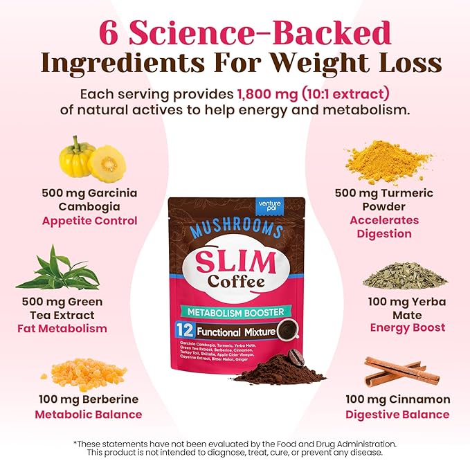 Venture Pal Slim Mushroom Coffee for Weight Loss,Instant Coffee with Berberine, Cinnamon, Yerba Mate,Turmeric, & More, 1800mg(10:1) Extract for Diet Support & Metabolism Boost - 40 Servings