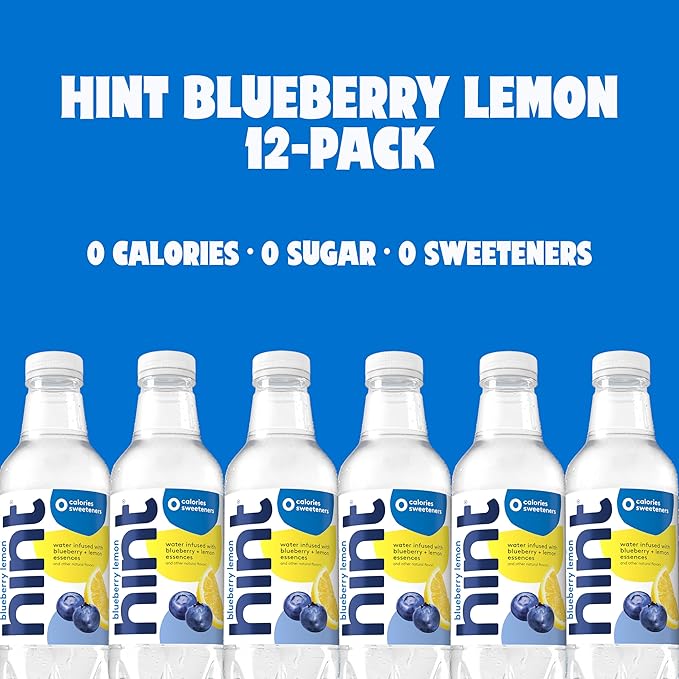 Hint Fruit-Infused Bottled Water, Blueberry Lemon - Sugar Free Flavored Water with Zero Calories, Natural Fruit Essences, and No Artificial Sweeteners - 16 Fl Oz (Pack of 12)