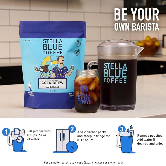 Stella Blue Cold Brew Coffee Bags, Electric Ave Blend, Dark Roast Ground Coffee, Smooth, Bold and Refreshing 100% Arabica, 6 Brew Packets, Makes 24 Cups, Rainforest Alliance Certified