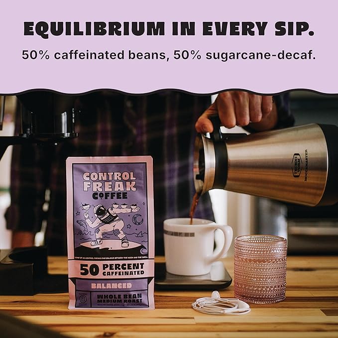 Control Freak Coffee Balanced – 50% Caffeine Ground Coffee (12 Oz) | Half Caff Coffee Blend for Smooth Focus, Full Flavor for Half the Buzz | Sugarcane Decaf, Freshly Roasted Coffee Beans