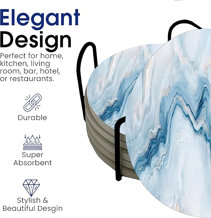 Blue Agate Marble Round Coasters Set of 6 - Abosrbent Ceramic Coasters with Metal Stand for Drinks, Coffee, Non-Slip Cork Back for Tabletop Protection, 4 Inches Marbled Pattern (Light Blue)