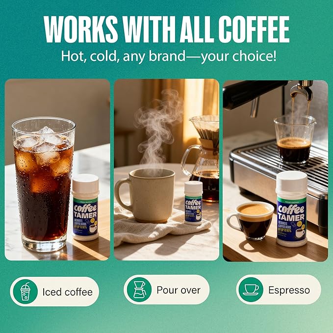 Coffee Tamer Acid Reducer Powder 2.4oz Shaker Bottle - All Natural Coffee Acid Reducer, Alkalizing Granules Reduce Acidity By 90%, Keto Friendly, Sugar-Free, Non-GMO, Preserves Original Flavor