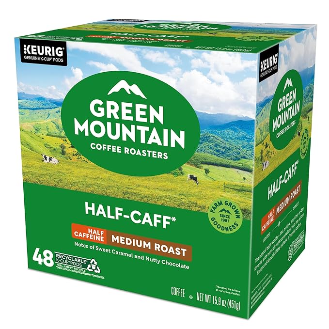 Green Mountain Coffee Roasters Half Caff, Single-Serve Keurig K-Cup Pods, Medium Roast Coffee Pods, 48 Count