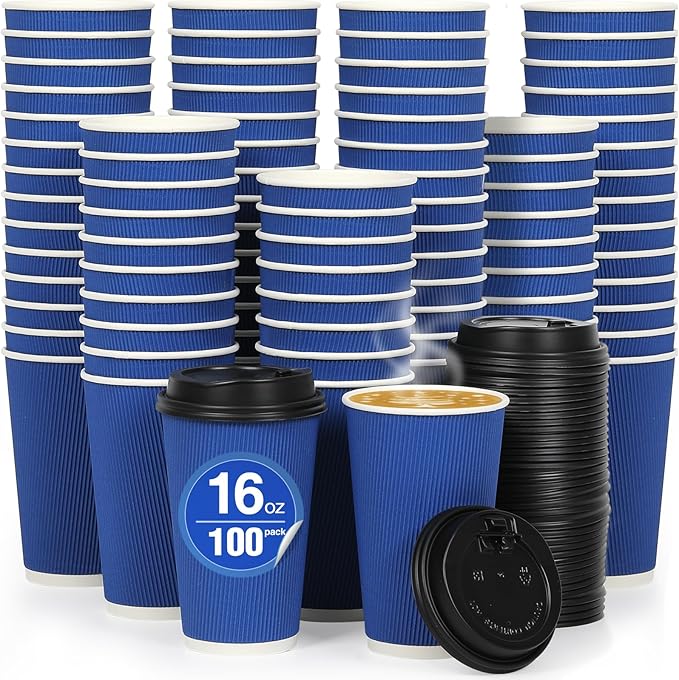 Coolcap 100 Pack 16 oz Disposable Coffee Cups with Lids and Straws, Insulated Ripple Wall To Go Paper Corrugated Cups, Bulk for Hot/Cold Drinks, Cafe Bar, Office, Chocolate, Cocoa (Navy)