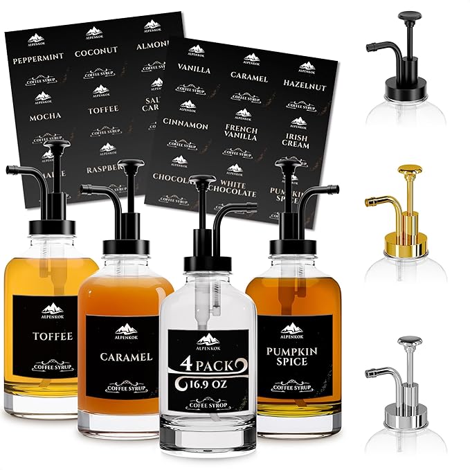Set of 4 Glass Syrup Dispensers 16.9oz 500 ml – Pump Coffee Dispenser with 18 Marked Labels, Leak-Proof, Easy Cleaning – Coffee Essentials for Coffee Bar | Parties & Event Ready (Black Pumps)