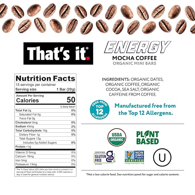 That's it. Organic Energy Coffee Mini Bars - Mocha Coffee (1 Mini Bar = 1 Cup of Coffee) Grab and Go, No Added Sugars, Non-GMO, Caffeine Power Snack, Kosher, Allergy Friendly (Mocha Coffee - 15 Pack)