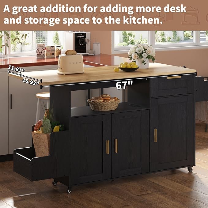Rolling Mobile Kitchen Island with Storage and Drop Leaf on Wheels, 67" Desk Island for Kitchen with Power Socket and Drawer, Mobile Portable Carts with Spice Rack and Towel Rack (Black, Model 3)