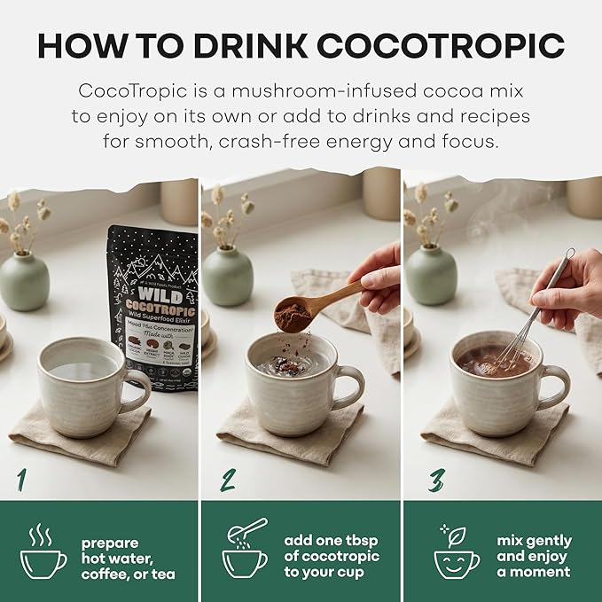 Organic Cocotropic Superfood Mushroom Hot Chocolate Mix, 8 oz | Non-GMO, Vegan, Gluten Free, Reishi Mushrooms, Chaga