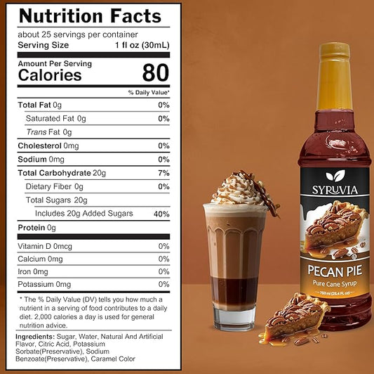 Syruvia Pecan Pie Coffee Syrup - 25.4 fl oz - Kosher Syrups, Gluten Free, No Coloring, Perfect for Drinks, Soda, Shakes & More With Syrup Pump