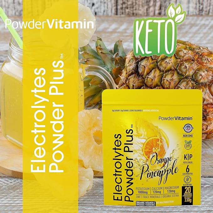 PowderVitamin Electrolytes Powder Plus (20 Servings) Orange Pineapple Electrolyte Powder Zero Calorie Keto,0 Sugar, No Maltodextrin,1000mg Potassium,120mg Calcium,120mg Magnesium, Pink Himalayan Salt
