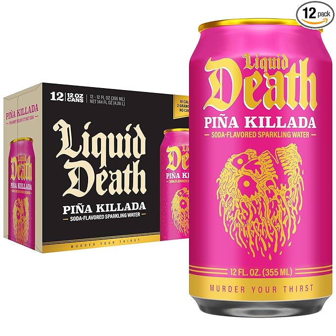 Liquid Death Soda-Flavored Sparkling Water - Piña Killada (Classic Piña Colada), Less Sugar*, Huge Flavor, No Caffeine, No Artificial Sweeteners, 12 Fl Oz (Pack of 12)
