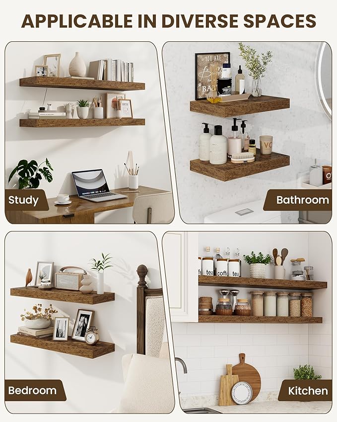 Marsmiles 30" Floating Shelves for Wall, Wooden Shelves with Invisible Brackets Set of 2, Rustic Farmhouse Wall Mounted Shelf for Kitchen Bathroom Living Room Study, Rustic Brown