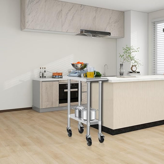 HARDURA Stainless Steel Commercial Table Prep & Work Table with Casters Heavy Duty Metal Table with Wheels NSF 430 30×12 Inches