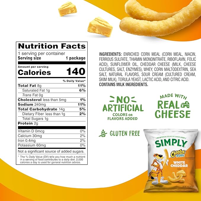 Simply, Cheetos Puffs White Cheddar, 0.875 Ounce (Pack of 36)