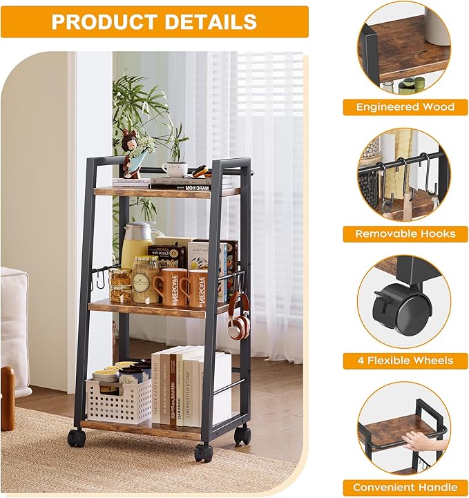 3 Tier Kitchen Storage Cart with Lockable Wheels & 6 Hooks, Mobile Utility Organizer Rolling Cart for Small Spaces, Bar Cart for Kitchen and Living Room, Rustic Brown