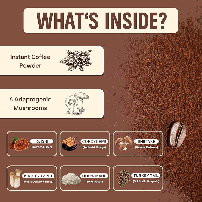 2 Bag Mushroom Coffee, Instant Mushroom Coffee Powder with 6 Adaptogenic Mushrooms (Cordyceps, Lion’s Mane, Shiitake, Turkey Tail) and MCT Oil for Better Energy, Focus, Immune Support - 60 Servings