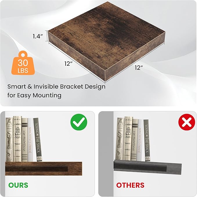 Square Floating Shelves for Wall, 12"W x 12"D x 1.4"H, Small Wooden Wall Mounted Display Shelf with Invisible Brackets for Living Room, Bedroom, Bathroom, Kitchen Decor, Set of 3, Rustic Brown