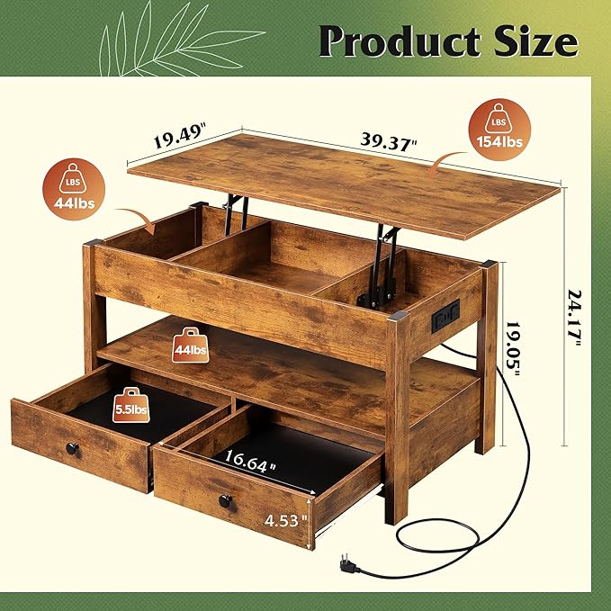 WLIVE Coffee Table, Lift Top Coffee Table with 2 Drawers, LED Light, Large Storage and Open Shelf, Lift Tabletop for Living Room, Black, Rustic Brown