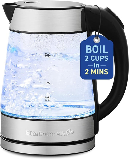 Elite Gourmet EKT-602 Electric BPA-Free Glass Kettle, Cordless 360° Base, Stylish Blue LED Interior, Handy Auto Shut-Off Function – Quickly Boil Water For Tea & More