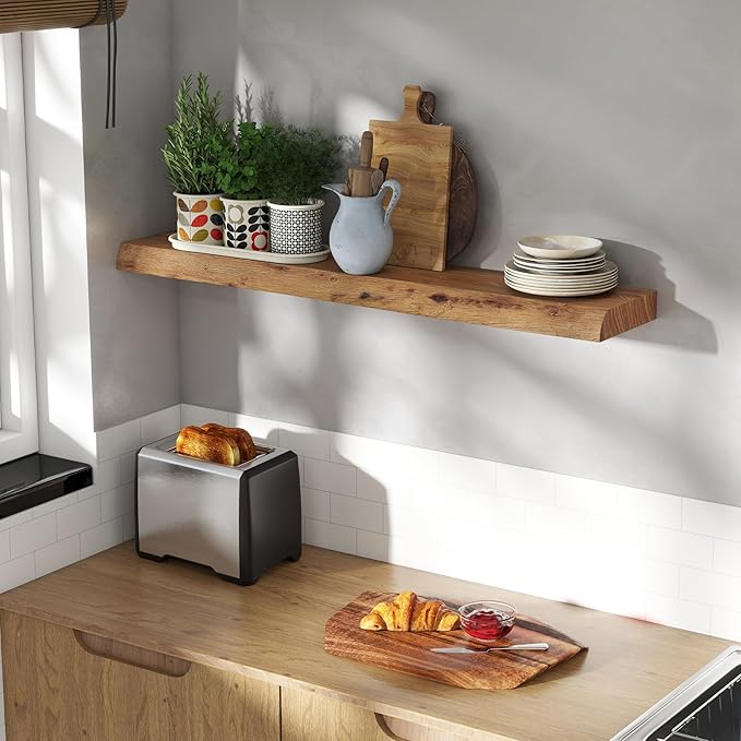 Live Edge Elm Wood Floating Shelves, 40 Inch Long Wall Shelves 1 Pack Shelf for Farmhouse Bedroom Bathroom Kitchen, Wall Mounted Wooden Shelf with Invisible Bracket for Books Decor, Natural