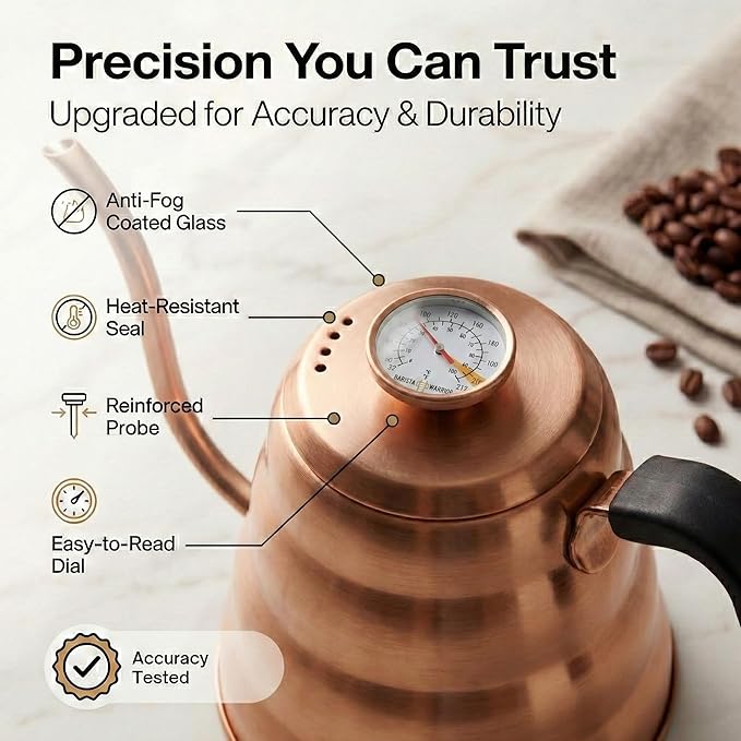 Barista Warrior Gooseneck Kettle for Pour Over Coffee & Tea - 1.2L Kettle Stovetop with Built-In Thermometer, Precision Drip Spout, Stainless Steel - Copper Coated Stainless Steel