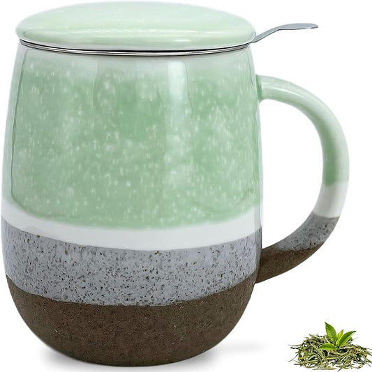 SISETOP 13.5 OZ Large Tea Infuser Mug, Reactive Glaze Tea Cup with Infuser and lid, Ceramic Infusion Mug for Loose Leaf, Microwave & Dishwasher Safe, Green