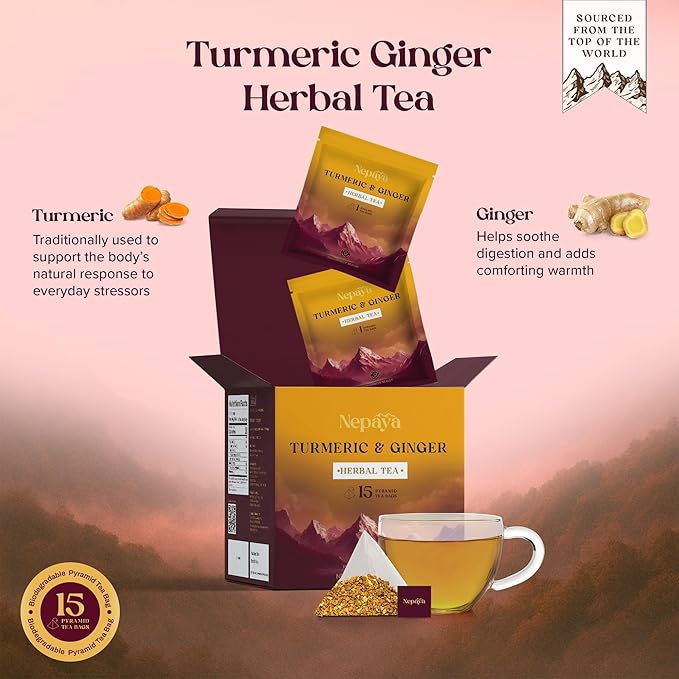 Nepaya Turmeric Ginger Herbal Tea – 15 Pyramid Tea Bags, Biodegradable, Caffeine-Free, Warm & Spicy, Himalayan Blend, Gluten-Free