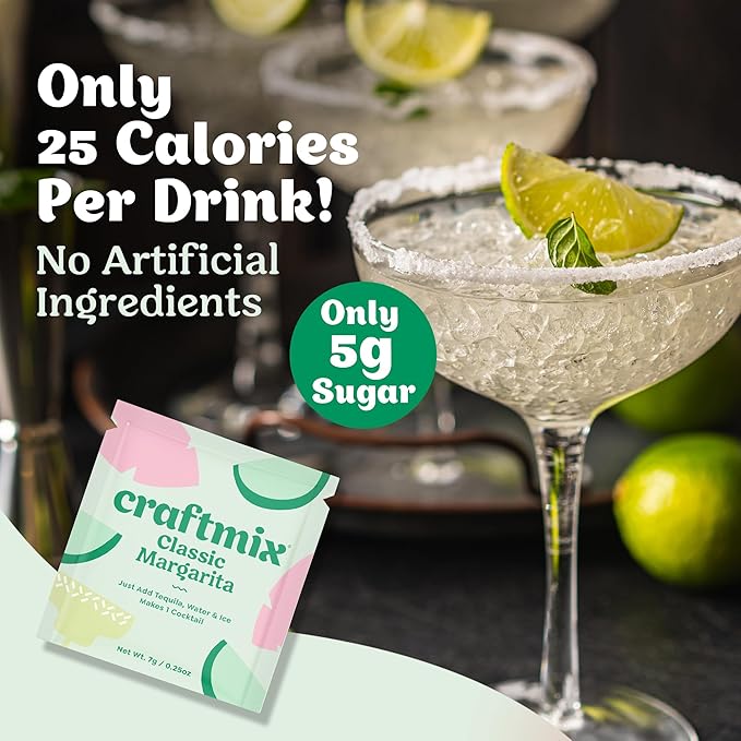 Craftmix Classic Margarita Cocktail & Mocktail Drink Mixer, Skinny Mixes - Water Flavoring Packets - Made With Real Fruit - Vegan, Low-Carb, Low-Sugar, Non-GMO, Dairy Free, Gluten Free, 24 Pack