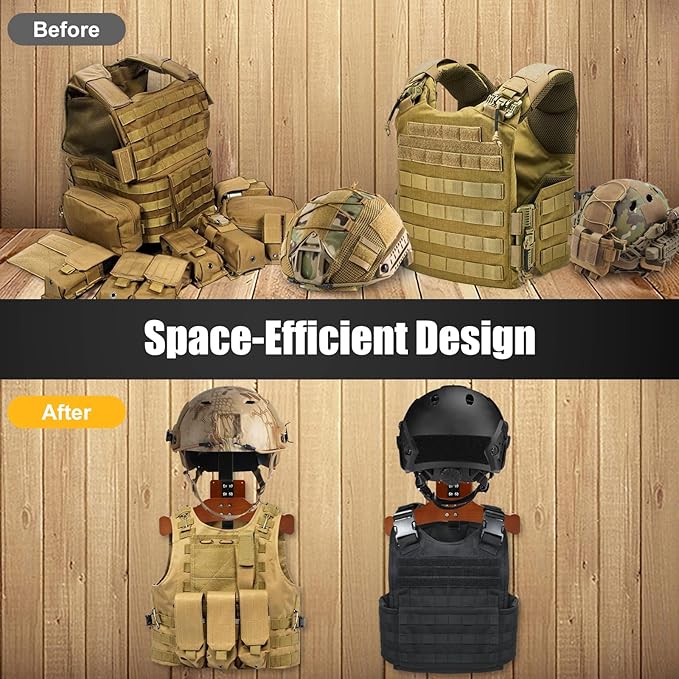 Tactical Gear Stand, Supports 100 LBS Wall Mounted Police Gear Rack, Heavy-Duty Body Armor Stand, Solid Wood Airsoft Plate Carrier Hanger, Motorcycle Helmet Holder Wall Mount Display