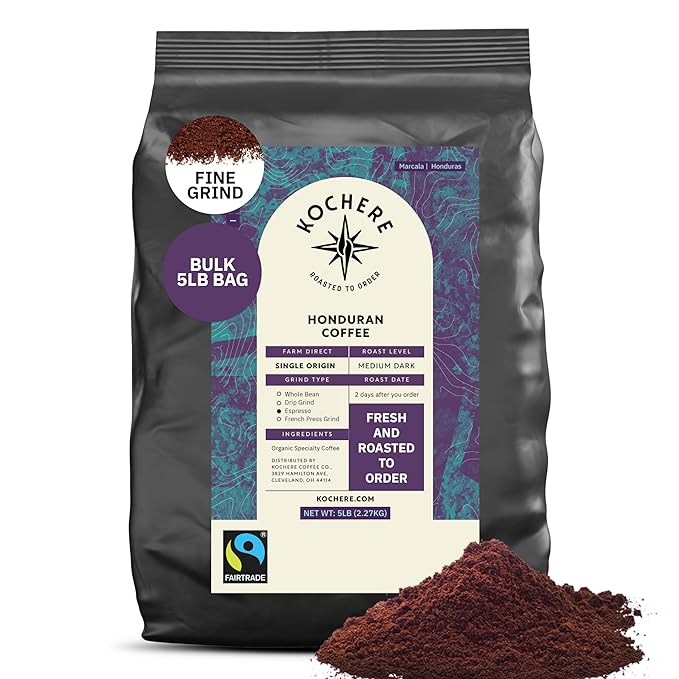 Honduran Coffee, Espresso Grind, Medium Dark Roast, 5LB – Single Origin Arabica Beans from Marcala, Fair Trade, Fresh Roasted to Order by Kochere