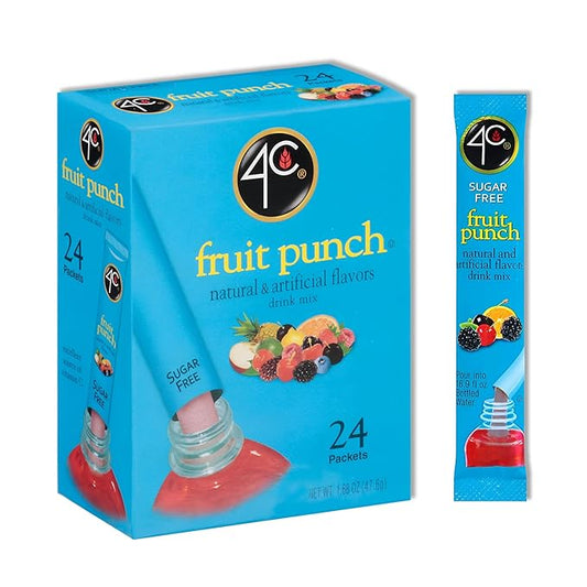 4C Powder Drink Mix Packets, Fruit Punch 1 Pack, 24 Count, Singles Stix On the Go, Refreshing Sugar Free Water Flavorings