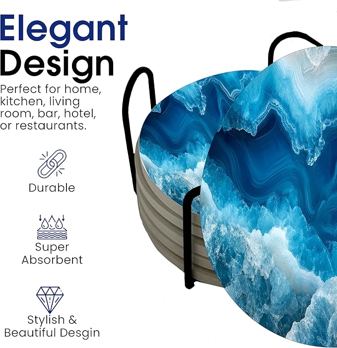 Blue Agate Marble Round Coasters Set of 6 - Abosrbent Ceramic Coasters with Metal Stand for Drinks, Coffee, Non-Slip Cork Back for Tabletop Protection, 4 Inches Marbled Pattern (Agate)