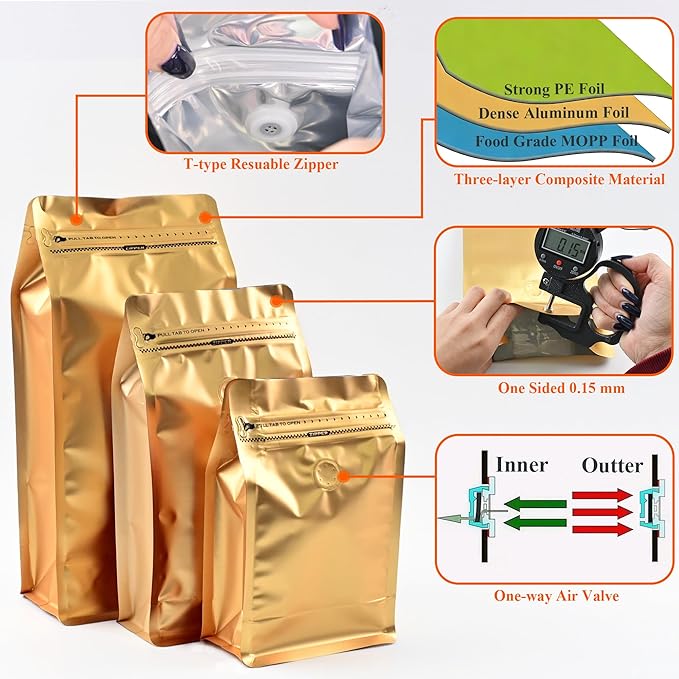 12mil Stand Up Coffee Bags, Flat Bottom Pouch with one-way Air Release Valve and Reusable Side Zipper(Gold, 200PCS-Large-2.2lb/32oz/1kg)