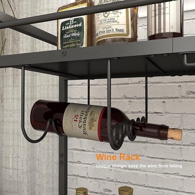 LAATOOREE Home Bar Serving Cart, Mobile Drink Beverage Cart with Two-Color Top Shelf, Rolling Kitchen Cart with Wine Holder and Glass Holder, for Dinning Room, Living Room, Kitchen