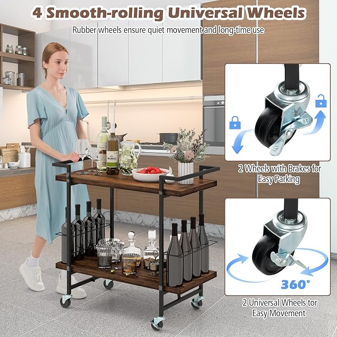 GOFLAME Bar Cart for Home, 2-Tier Kitchen Cart with Lockable Wheels and Anti-Fall Guardrail, Bar Serving Cart with Metal Frame, Rolling Beverage Storage Cart for Dining Room, Living Room
