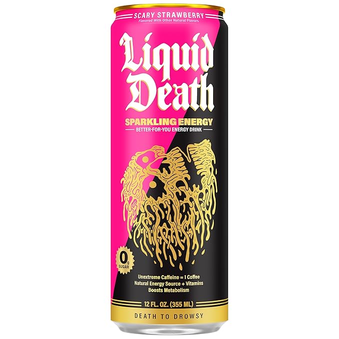 Liquid Death Sparkling Energy - Scary Strawberry, Sugar-Free Energy Drink, Unextreme Caffeine 100mg, Essential Vitamins, 12 Fl Oz (Pack of 12)